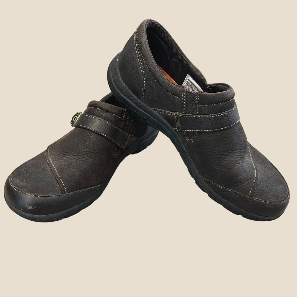 Merrell Womens Brown Leather Dassie Buckle Slip-On Shoes Sz 9.5 Minimalist Mules